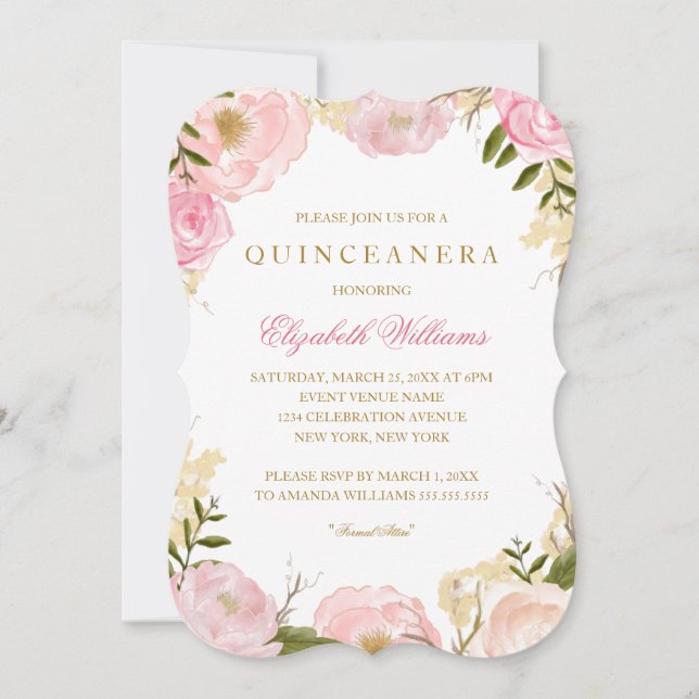 Élégant Invitation de Quinceanera Rose Rose (Devant)