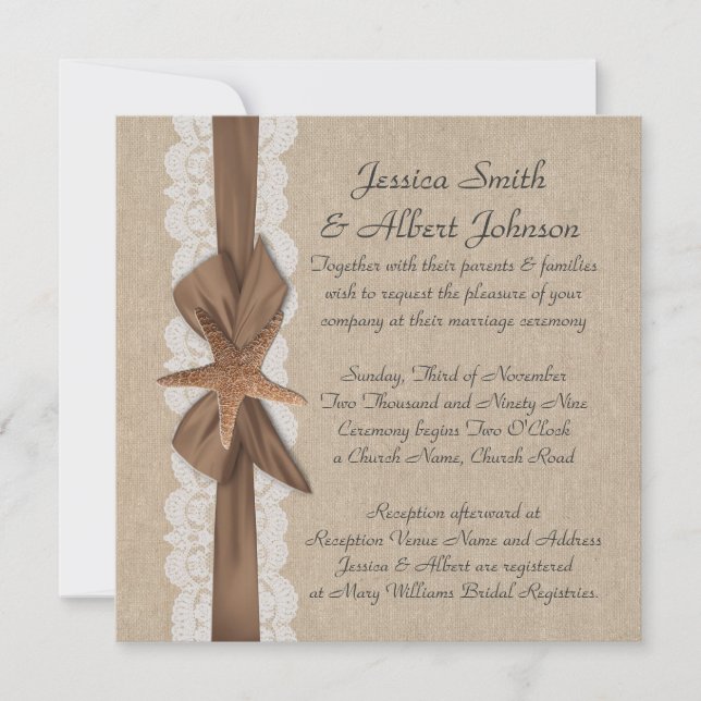 Élégant Invitation de ruban Burlap de 5,25 po x 5, (Devant)