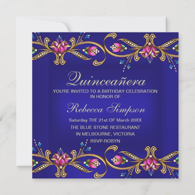 Élégant Invitation Floral Gem Blue Quinceañera (Devant)