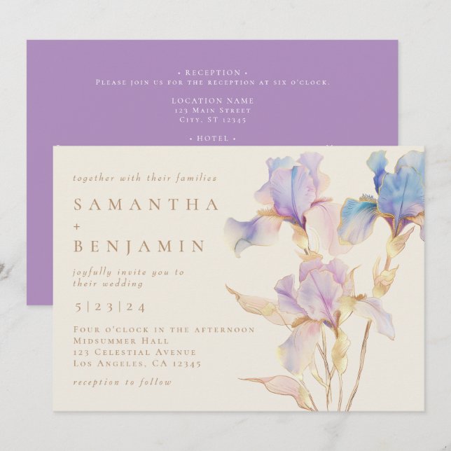 Elegant Iris All-in-One-Hochzeit mit floralen Wass Einladung (Vorne/Hinten)