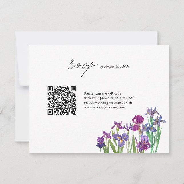 Elegant Iris Blume QR Code Hochzeit RSVP Karte (Vorderseite)