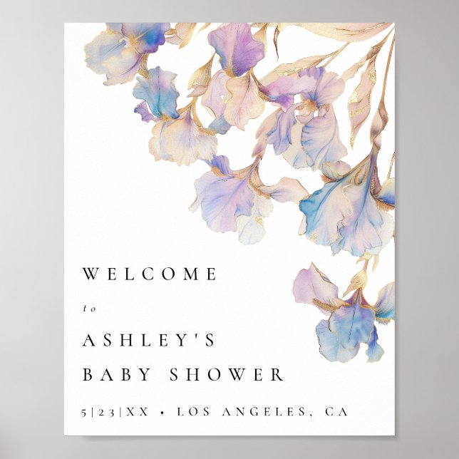 Elegant Iris Floral Baby Dusche Begrüßungszeichen Poster (Vorne)