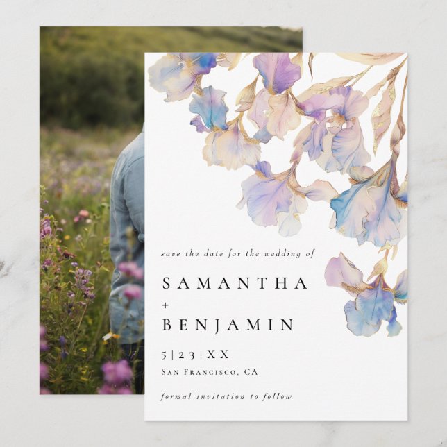 Elegant Iris Floral Wedding Foto Save The Date (Vorne/Hinten)