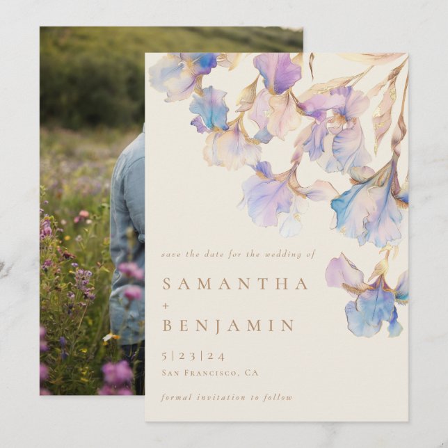 Elegant Iris Floral Wedding Foto Save The Date (Vorne/Hinten)