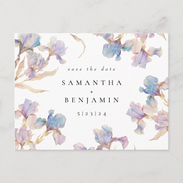 Elegant Iris floral Wedding Save the Date Postkarte (Vorderseite)