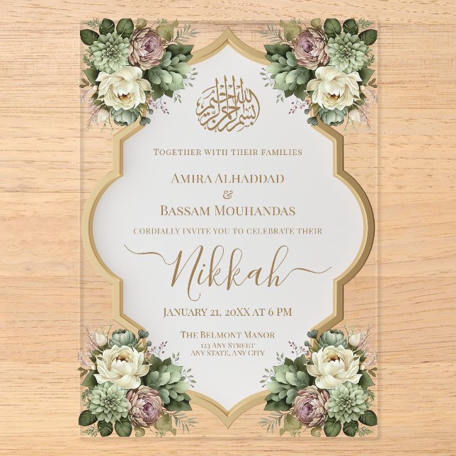 Elegant Islamic Floral Nikkah Acryleinladungen (Vorderseite)