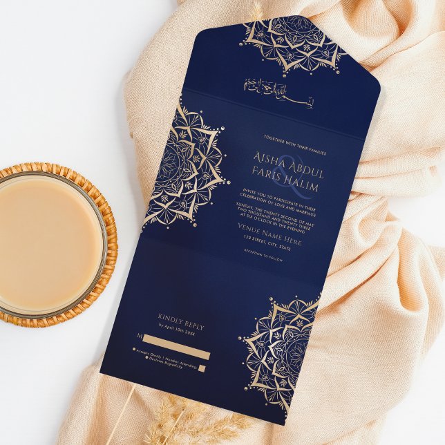 Elegant islamisch Verziert Mandala Navy Gold Arabi All In One Einladung (Von Creator hochgeladen)