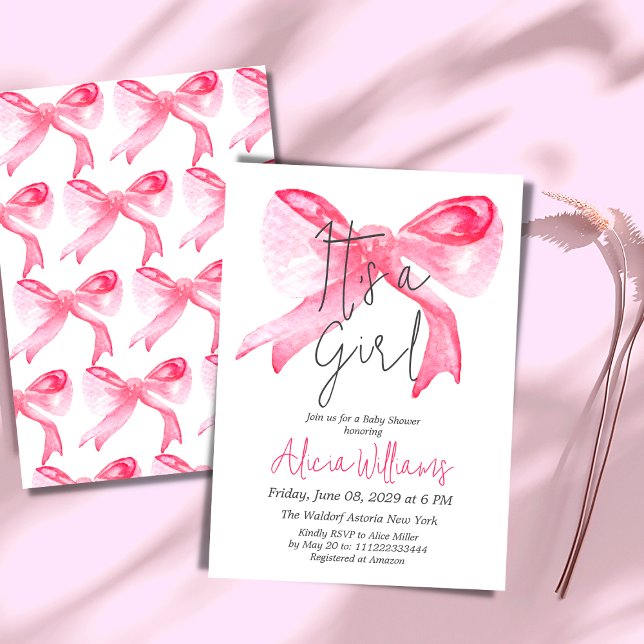 Elegant ist eine Girl Ribbon Pink Bow Baby Dusche Einladung (Von Creator hochgeladen)