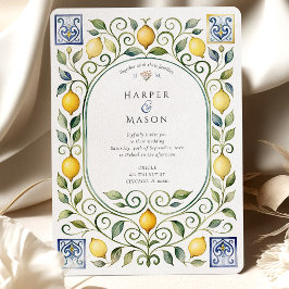 Elegant Italian Lemon & Blue Tile Wedding Einladung