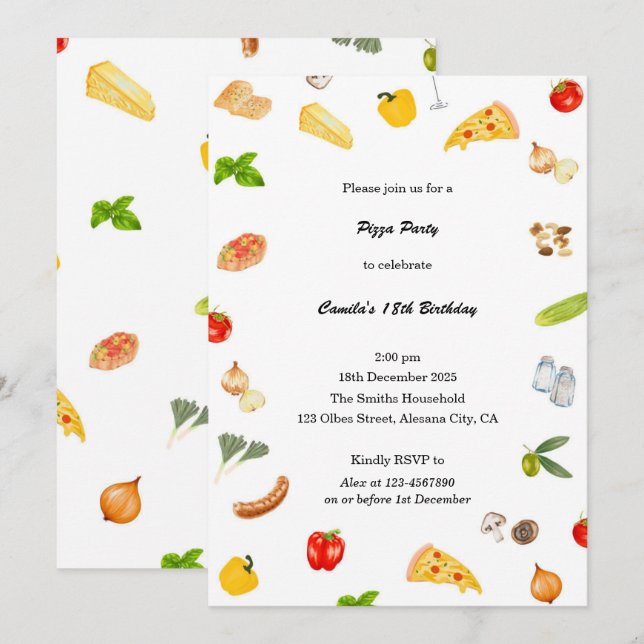 Élégant Italien Anniversaire Pizza Invitation Mini (Devant / Derrière)