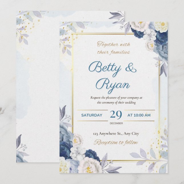 Élégant ivoire et Faire-part de mariage floral ble (Devant / Derrière)