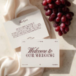 Elegant Ivory & Burgundy Wedding Welcome Card Einladung<br><div class="desc">Greet your guests in style with this elegant ivory and burgundy wedding welcome card. Featuring a clean ivory background paired with refined serif and flowing script typography in a deep wine-red hue, this design creates a timeless and sophisticated first impression. Fully customizable — personalize with your wedding date, location, and...</div>
