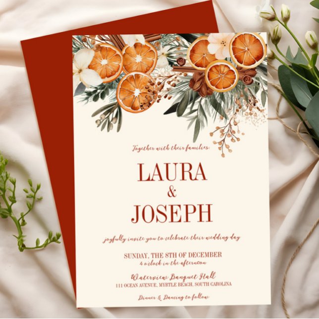 Elegant Ivory Citrus Floral Wedding Einladung (Burnt Orange Citrus Floral Wedding Invitation, Fall Autumn Winter Wedding, Boho Rustic Modern)