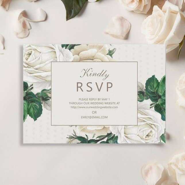 Elegant Ivory Cream Floral Wedding RSVP (Elegant white vintage roses wedding RSVP card)