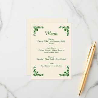 Elegant Ivory & Emerald Floral Wedding Menu Begleitkarte