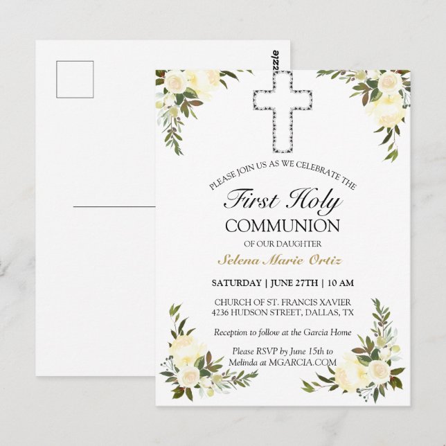 Elegant Ivory Floral First Holy Communion Postcard Postkarte (Vorne/Hinten)