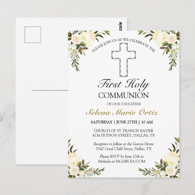 Elegant Ivory Floral First Holy Communion Postcard Postkarte (Vorne/Hinten)