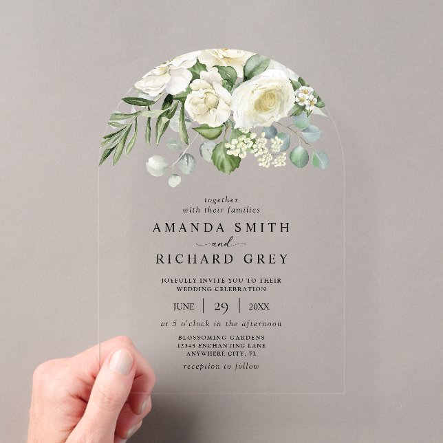 Elegant Ivory Floral & Greenery Eucalyptus Wedding Acryleinladungen (Insitu (Handheld))