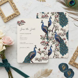 Elegant Ivory Floral Peacock Wedding Save The Date