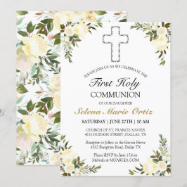 Elegant Ivory Floral Rose Erste Heilige Kommune Einladung
