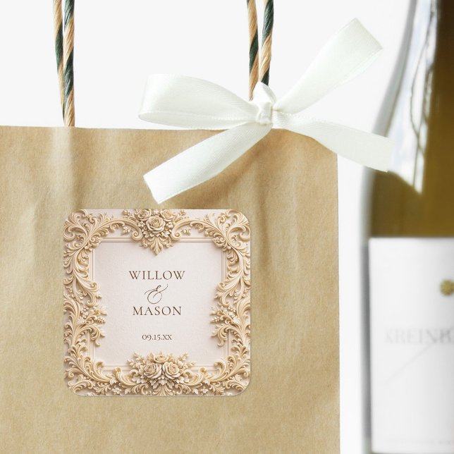 Elegant Ivory Floral Scroll Wedding  Quadratischer Aufkleber (Elegant Ivory Floral Scroll Wedding Square Sticker)