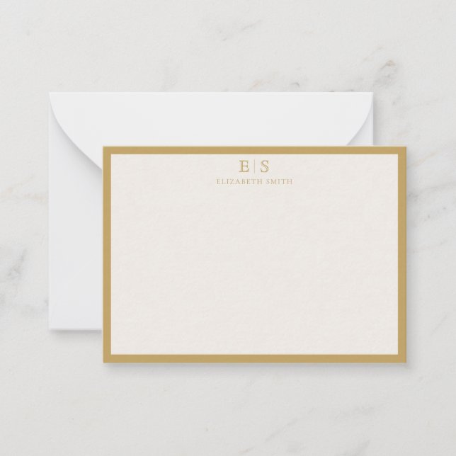 Elegant Ivory Gold Border Monogram Mitteilungskarte (Vorderseite)