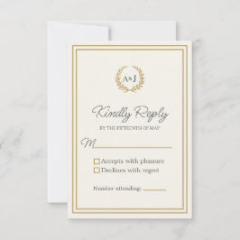 Elegant Ivory Gold Monogram Laurel Wreath Wedding RSVP Karte