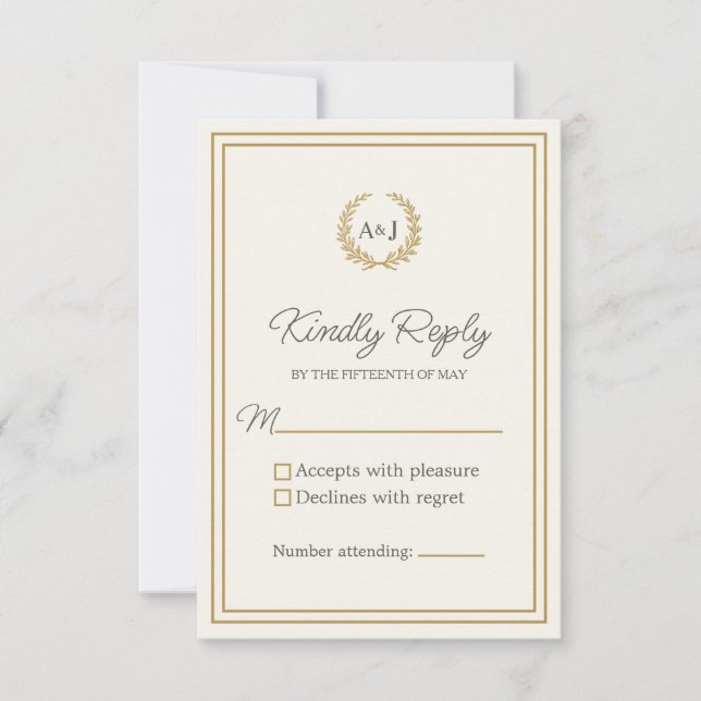 Elegant Ivory Gold Monogram Laurel Wreath Wedding RSVP Karte (Vorderseite)