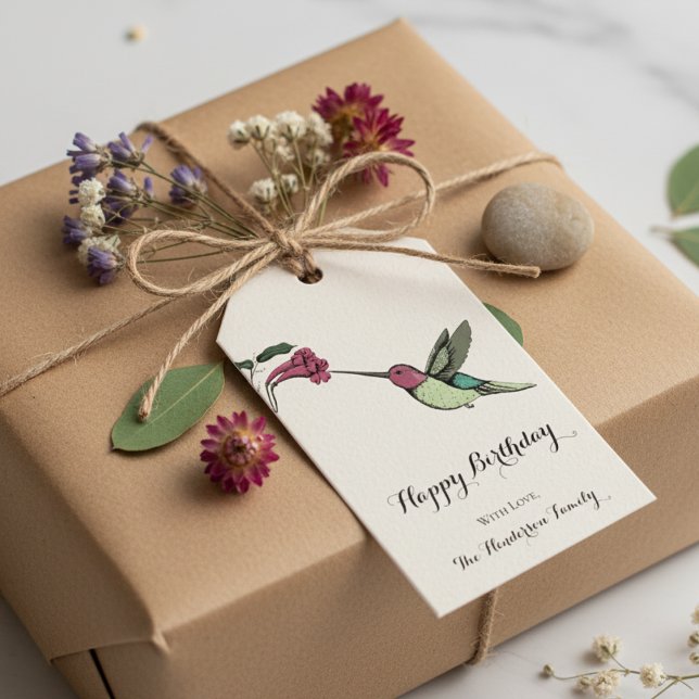 Elegant Ivory Hummingbird Birthday Geschenkanhänger (Elegant Ivory Hummingbird Gift Tags for Nature Lover. Colorful Floral Bird & Flower Illustration. )