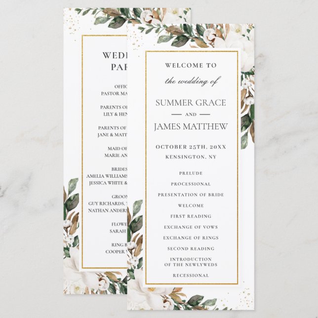 Elegant Ivory Magnolia Blumengrün Hochzeit Programm (Vorne/Hinten)