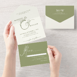 Elegant Ivory Moss Grüner Blumenstrauß und Hochzei All In One Einladung