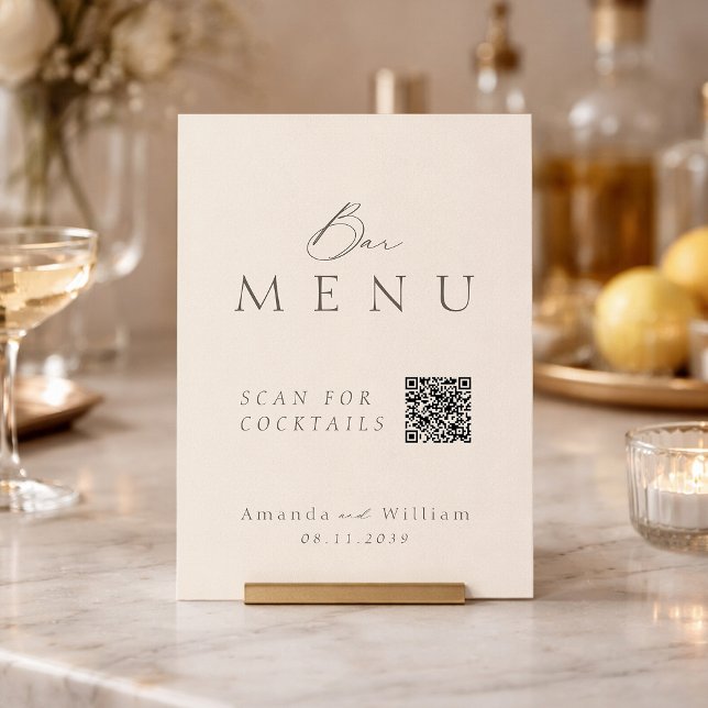 Elegant Ivory QR Code Wedding Bar Menu Sign Einladung (Von Creator hochgeladen)
