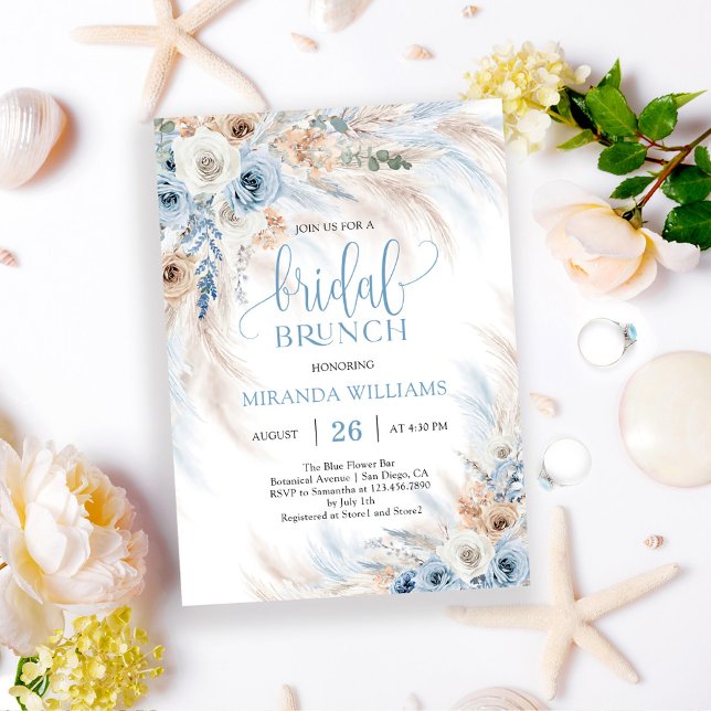 Elegant Ivory Roses Blue Floral Bridal Brunch Einladung (Von Creator hochgeladen)