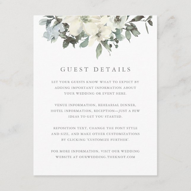 Elegant Ivory Sage Floral Wedding Guest Details Begleitkarte (Vorderseite)