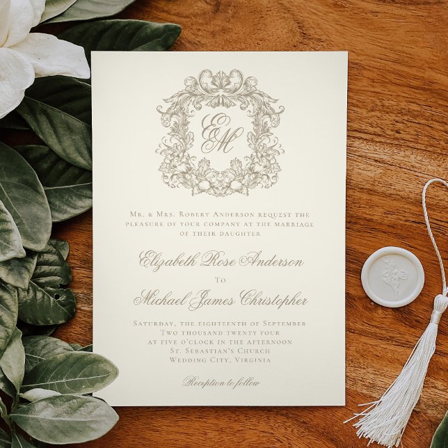 Elegant Ivory Vintage Crest Monogram Wedding Einladung (Von Creator hochgeladen)