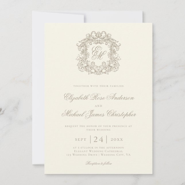 Elegant Ivory Vintage Monogram Crest Wedding Einladung (Vorderseite)