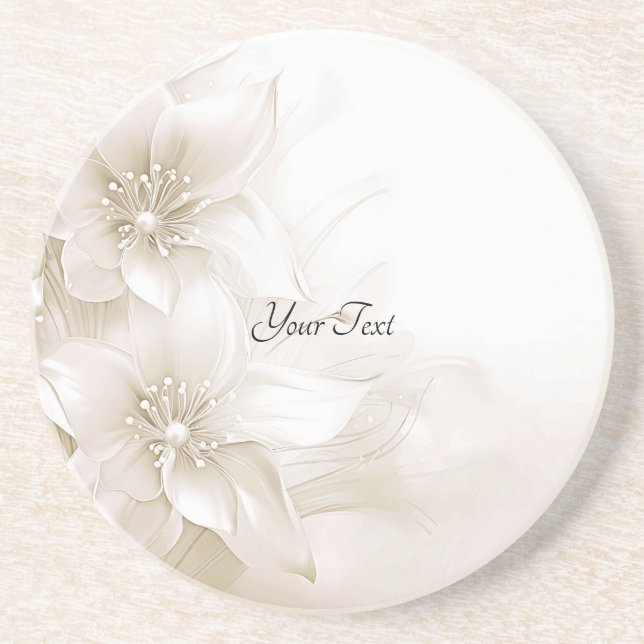 Elegant Ivory White Blume Sandstone Untersetzer (Vorne)