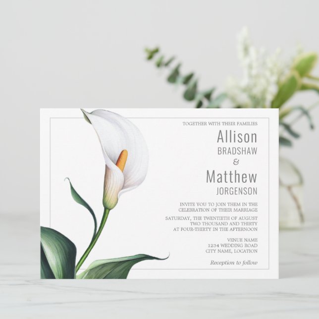Elegant Ivory White Calla Lily Wedding Einladung (Stehend Vorderseite)