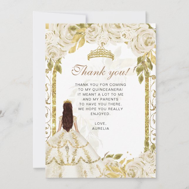 Elegant Ivory White Floral Foto Quinceañera Dankeskarte (Vorderseite)
