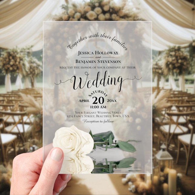 Elegant Ivory White Rose Lacy Calligraphy Wedding Acryleinladungen (Frosted with Rectangle Cut)