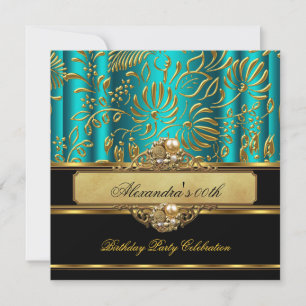Elegant Jade Blue Green Gold Damask Pearl Party Einladung