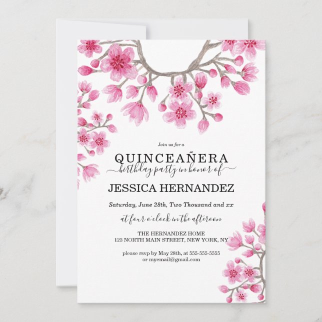 Elegant Japanisch Cherry Blossom Floral Quinceañer Einladung (Vorderseite)