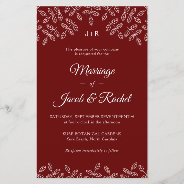 Elégant Jardin Feuilles Faire-part de mariage roug (Devant)