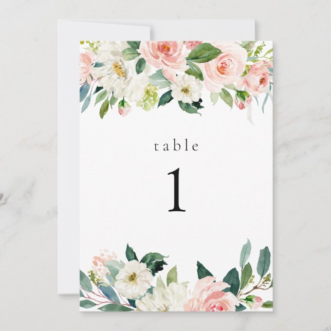 Elégant Jardin Floral Blush Cartes Numéro de table (Devant)