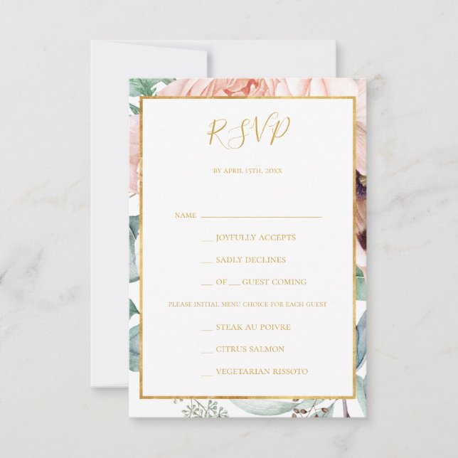 Elégant Jardin Floral Blush Menu Choix Carte RSVP (Devant)