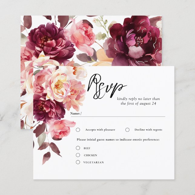 Elégant jardin Floral Bourgogne Mariage RSVP Carte (Devant / Derrière)