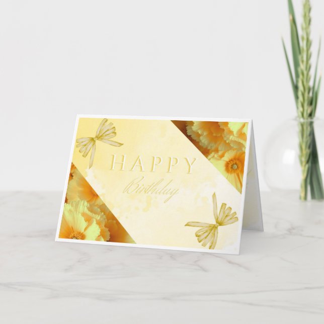 Elégant Jaune 2 Floral Bonne carte d'anniversaire (Devant)