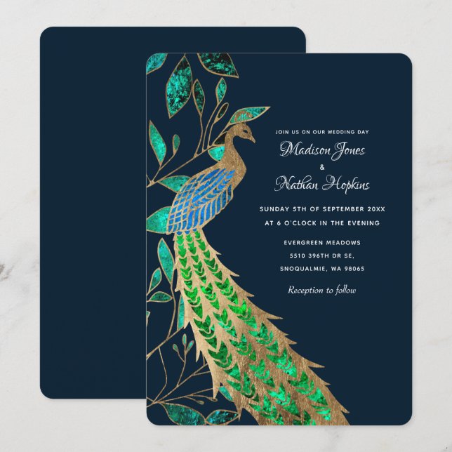 Elegant Jeweled Peacock Wedding Einladung (Vorne/Hinten)