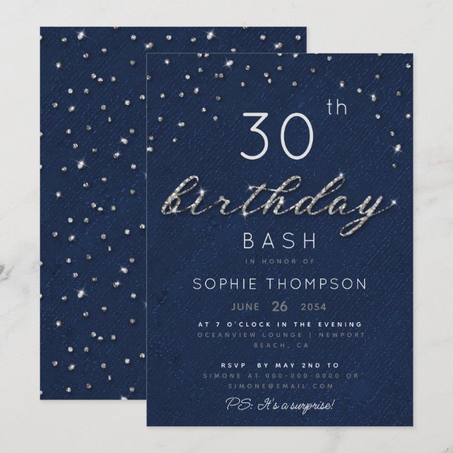 Elegant Jewels Navy Sparkle Glitzer Birthday Party Einladung (Vorne/Hinten)