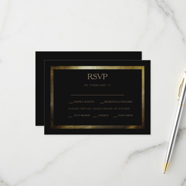 Elégant Jour Noir & Or Mariage Carte RSVP (Devant/Arrière en situation)